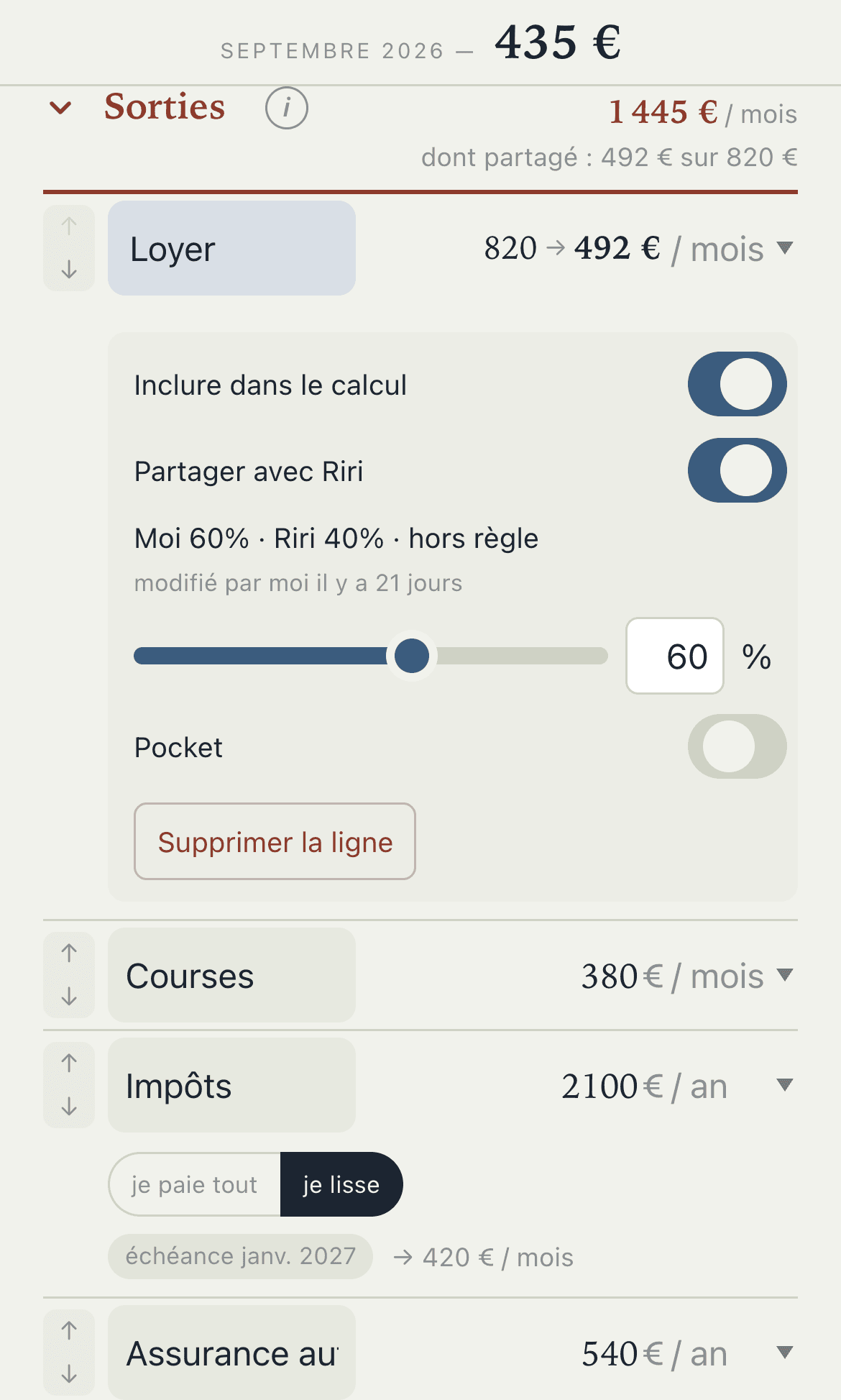 Une dépense partagée avec une autre personne : le montant, ta part et le curseur de répartition