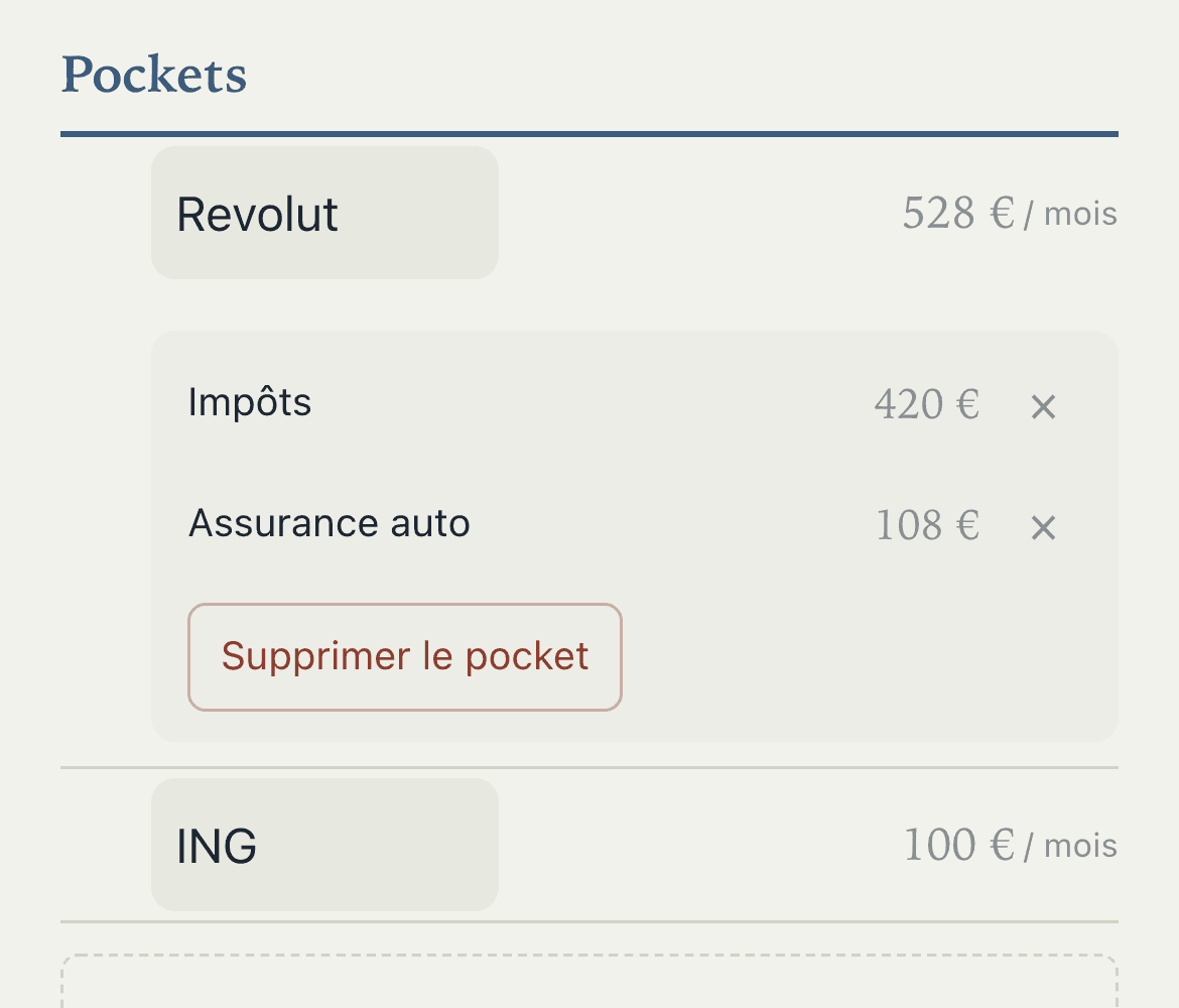 Un pocket déplié listant les dépenses qui le composent, avec son total par mois